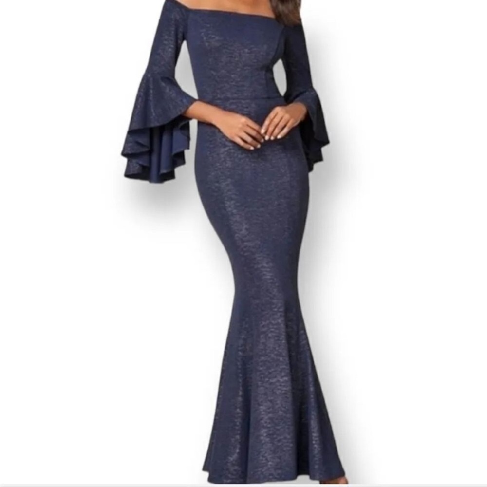 VENUS Navy Off-Shoulder Mermaid Gown with Tiered Bell Sleeves